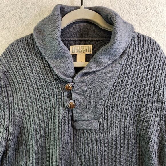 Duluth Trading Sweater Mens LT Gray Infantry High Neck Ribbed Knit Button Collar - Picture 2 of 14